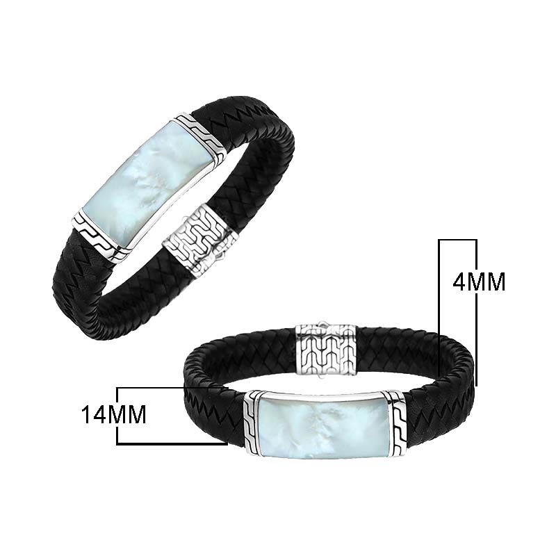 Sterling Silver Bracelet With Black Leather Featuring Mother Of Pearl Accent