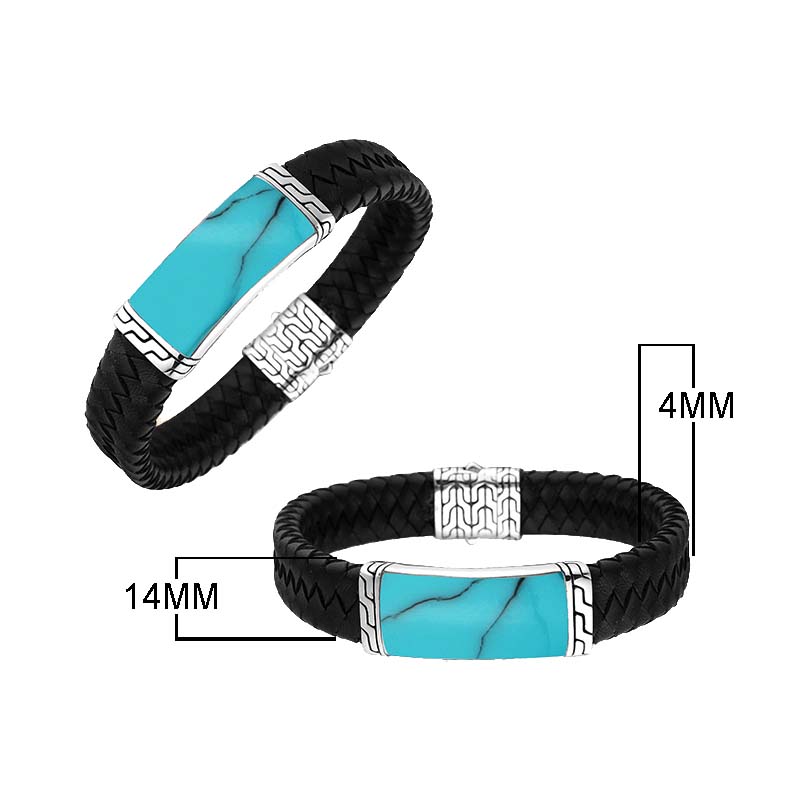 Sterling Silver Bracelet With Black Leather Featuring Turquoise Shell Accent