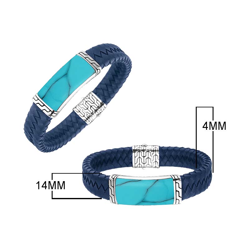 Sterling Silver Bracelet With Blue Leather Featuring Turquoise Shell Accent
