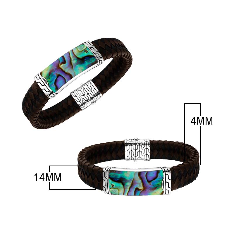Sterling Silver Bracelet With Mix Leather Featuring Abalone Shell Accent