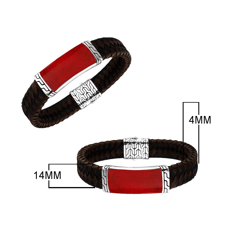 Sterling Silver Bracelet With Mix Leather Featuring Red Coral Accent