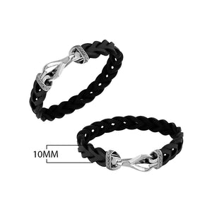 Sterling silver black braided leather bracelet with hook clasp handcrafted design for men.