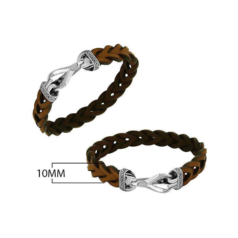 Sterling silver cognac brown braided leather bracelet with hook clasp handcrafted design.