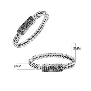 Sterling silver engraved bracelet with 3x8 mm braided chain and push clasp handcrafted in Bali.