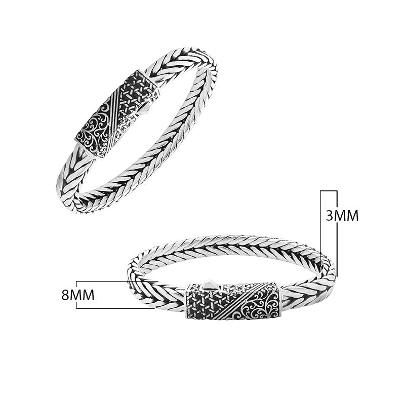 Sterling silver engraved bracelet with 3x8 mm braided chain and push clasp handcrafted in Bali.