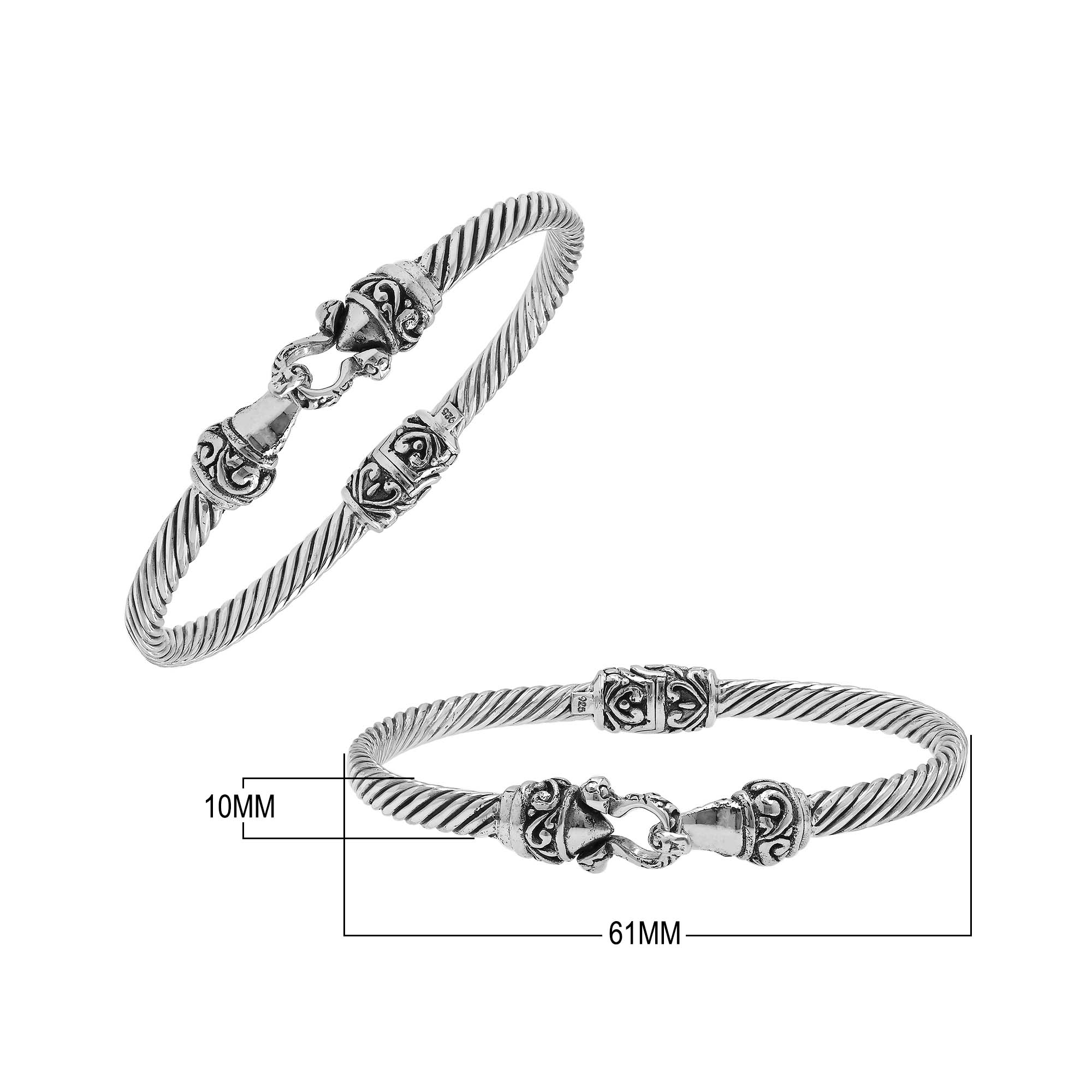Sterling silver twisted bangle with Balinese detailing and hook clasp handcrafted in Bali.