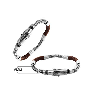 Sterling Silver Braided Chain Bracelet With Brown Leather And Push Clasp
