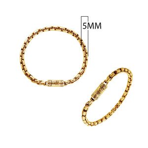 Solid 18K gold Balinese linear link bracelet with engraved push clasp