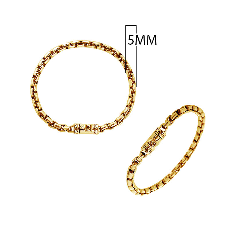 Solid 18K gold Balinese linear link bracelet with engraved push clasp