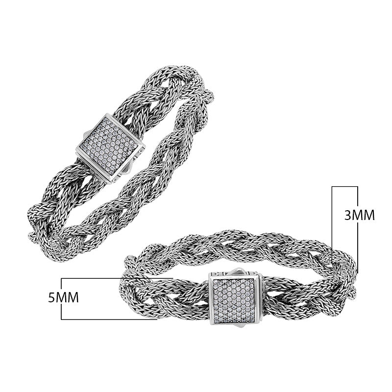 Sterling Silver Twisted Chain Bracelet With White Cubic Zirconia And Box Clasp