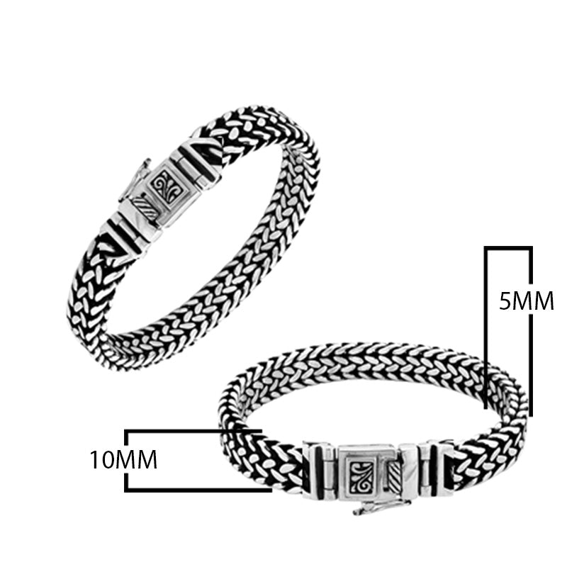 Sterling silver foxtail chain bracelet with engraved Balinese clasp and oxidized finish