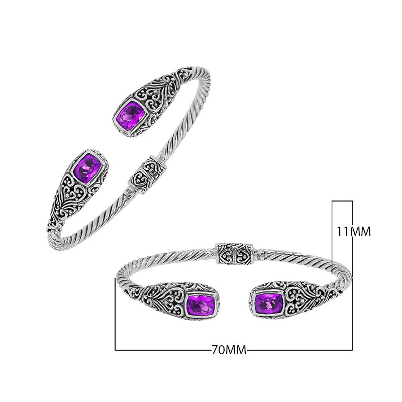Sterling silver twisted bangle with amethyst quartz ends and Balinese oxidized detailing