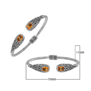 Elegant sterling silver open bangle with citrine quartz accents and Balinese engraved pattern