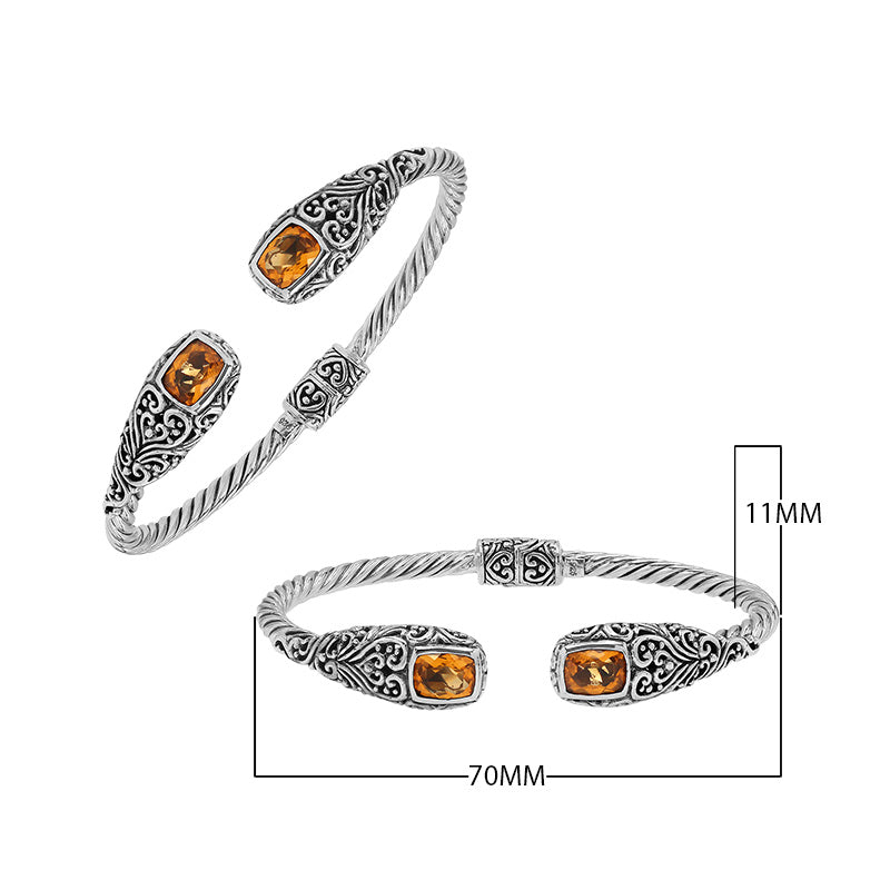 Elegant sterling silver open bangle with citrine quartz accents and Balinese engraved pattern