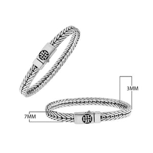 Sterling silver wheat chain bracelet with cross engraved clasp and oxidized finish