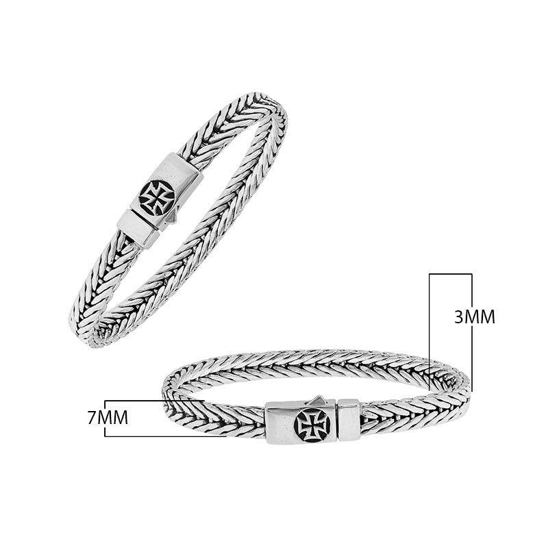 Sterling silver wheat chain bracelet with cross engraved clasp and oxidized finish