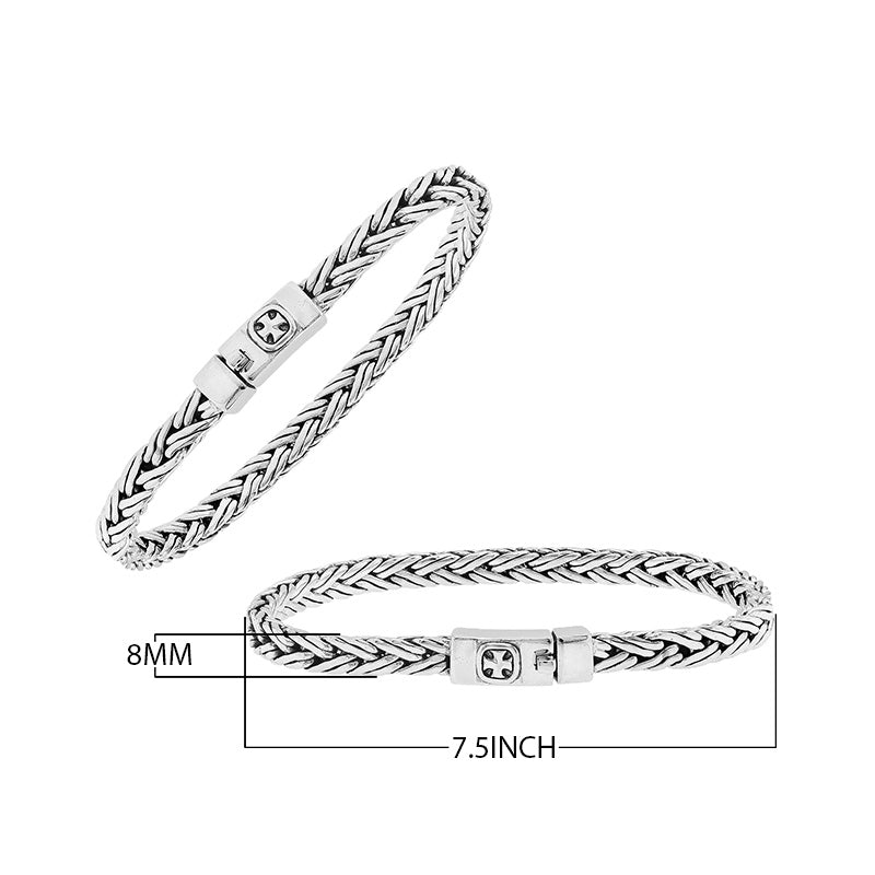Sterling silver wheat chain bracelet with cross engraved push clasp and oxidized finish