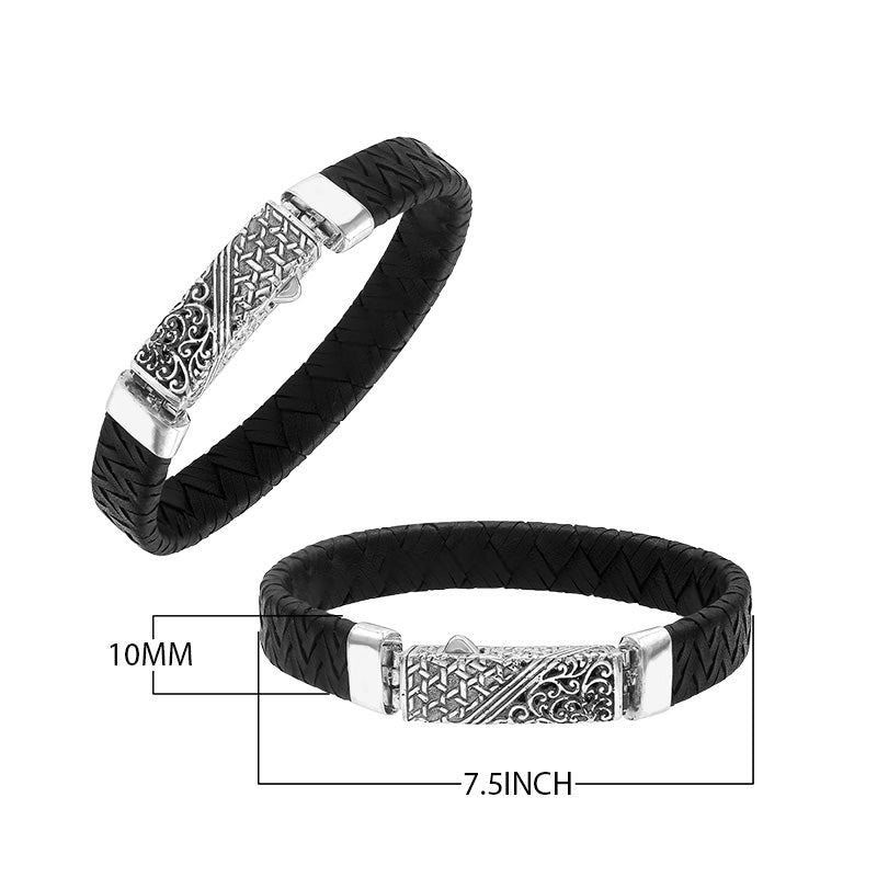 Sterling silver and black leather bracelet with ornate Balinese clasp and oxidized finish