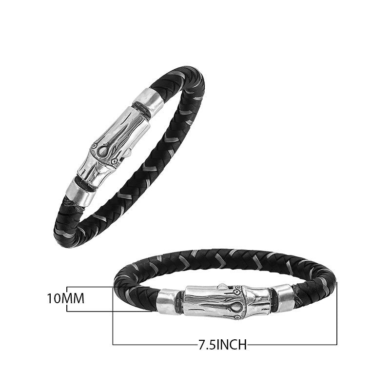 Sterling silver and black leather bracelet with polished clasp handcrafted in Bali
