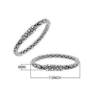 Sterling silver woven bracelet with textured Balinese clasp and oxidized polished finish