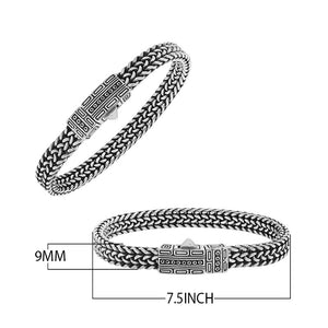 Sterling silver woven chain bracelet with geometric patterned clasp handcrafted in Bali
