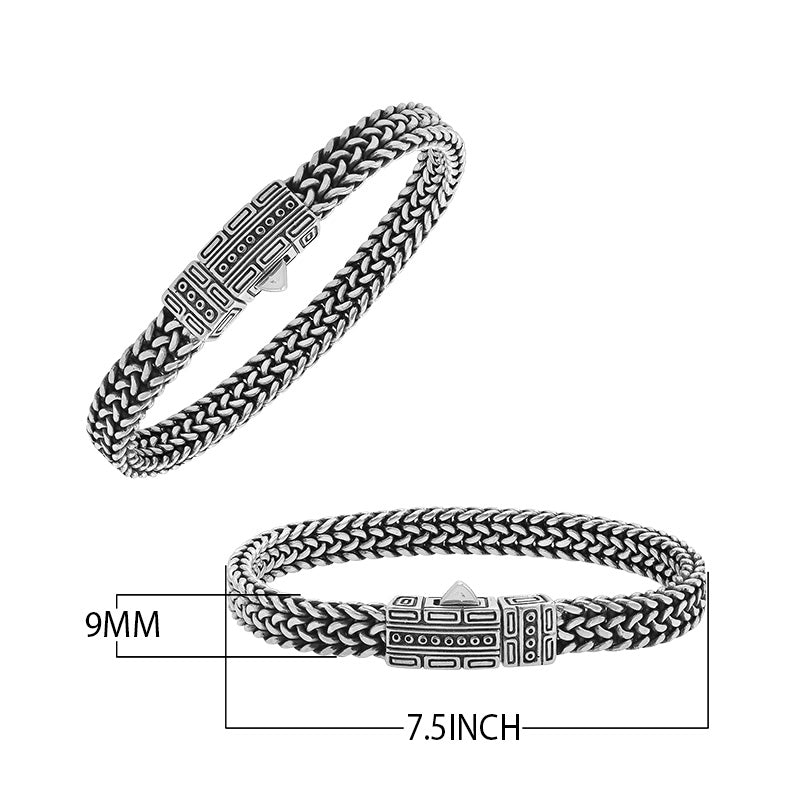Sterling silver woven chain bracelet with geometric patterned clasp handcrafted in Bali