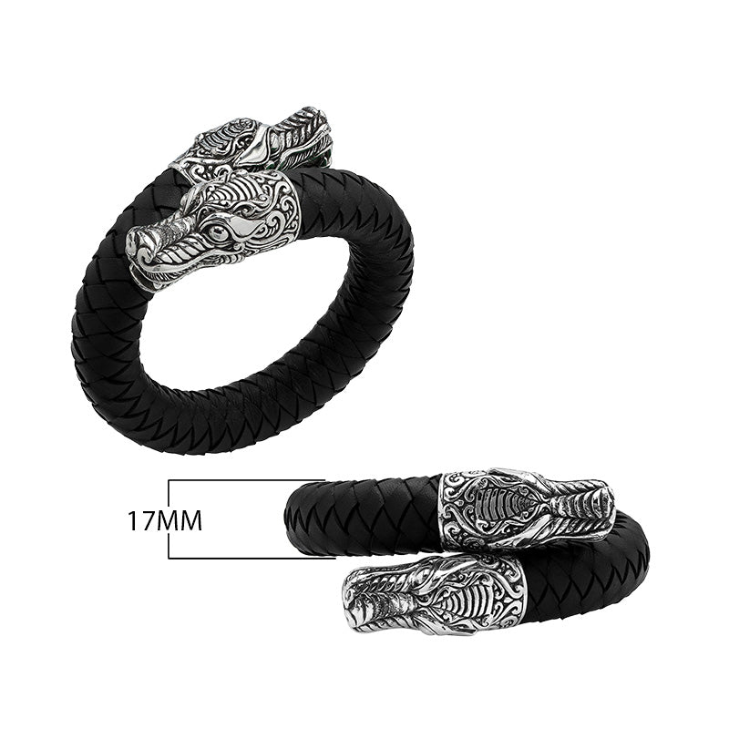 925 Sterling Silver Dragon Bracelet With Black Leather On White Background