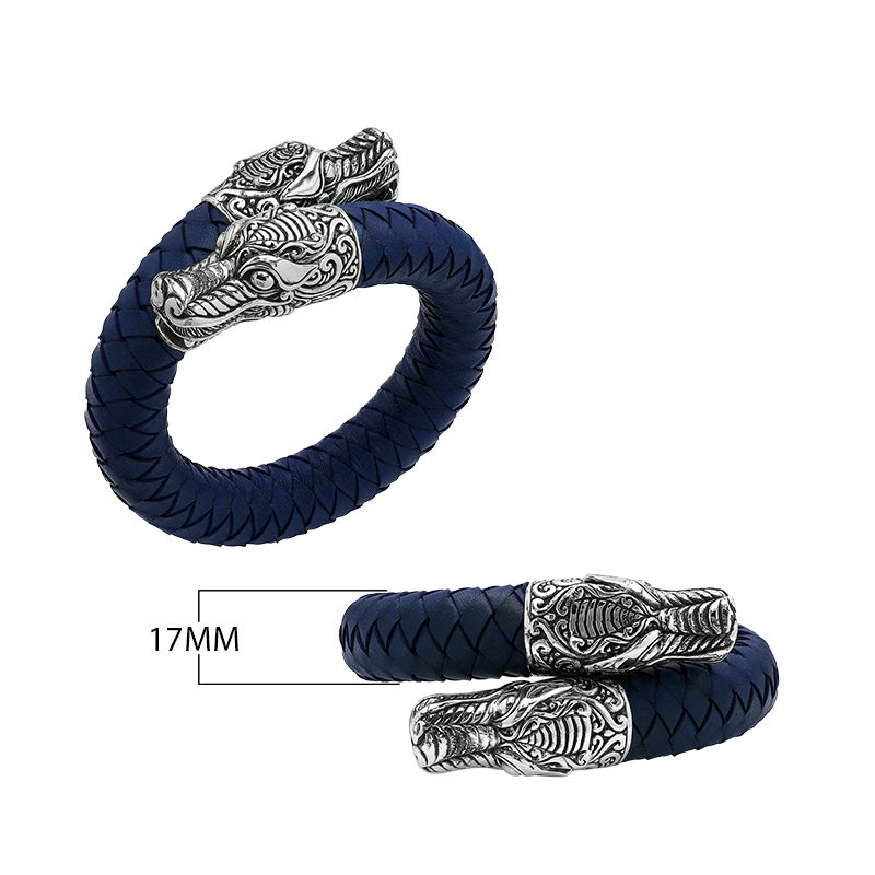 925 Sterling Silver Dragon Bracelet With Blue Leather On White Background