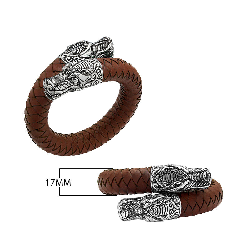 925 Sterling Silver Dragon Bracelet With Light Brown Leather On White Background