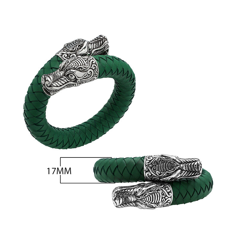 925 Sterling Silver Dragon Bracelet With Green Leather On White Background