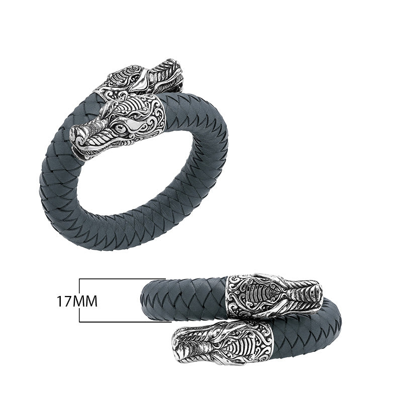925 Sterling Silver Dragon Bracelet With Grey Leather On White Background