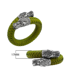925 Sterling Silver Dragon Bracelet With Olive Leather On White Background