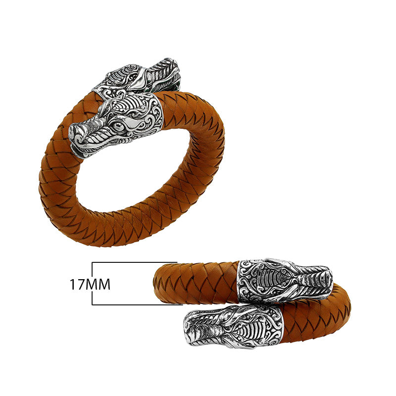 925 Sterling Silver Dragon Bracelet With Orange Leather On White Background