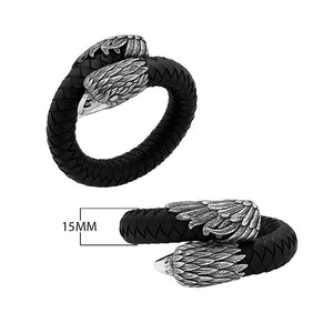 925 Sterling Silver Eagle Bracelet With Black Leather On White Background