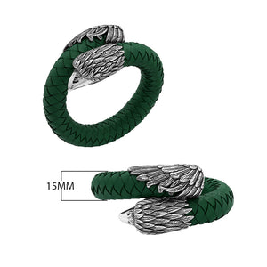 925 Sterling Silver Eagle Bracelet With Green Leather On White Background