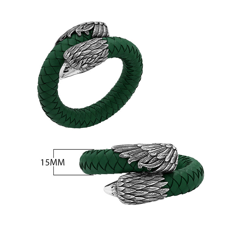 925 Sterling Silver Eagle Bracelet With Green Leather On White Background