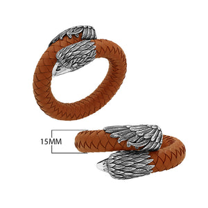 925 Sterling Silver Eagle Bracelet With Orange Leather On White Background