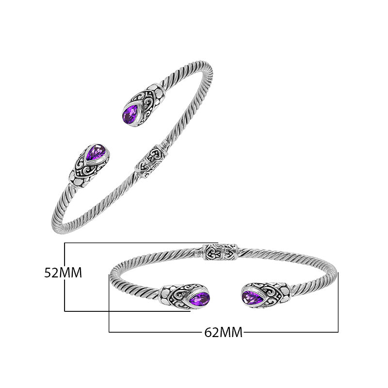 925 Sterling Silver Twisted Bangle With Amethyst Quartz On White Background