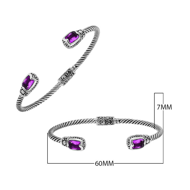 Silver twisted cable bangle in 925 sterling silver with Amethyst Quartz ends and Balinese engraving.
