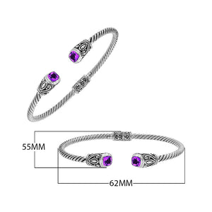 Silver twisted cable bangle in 925 sterling silver with Amethyst Quartz ends and Balinese engraving.