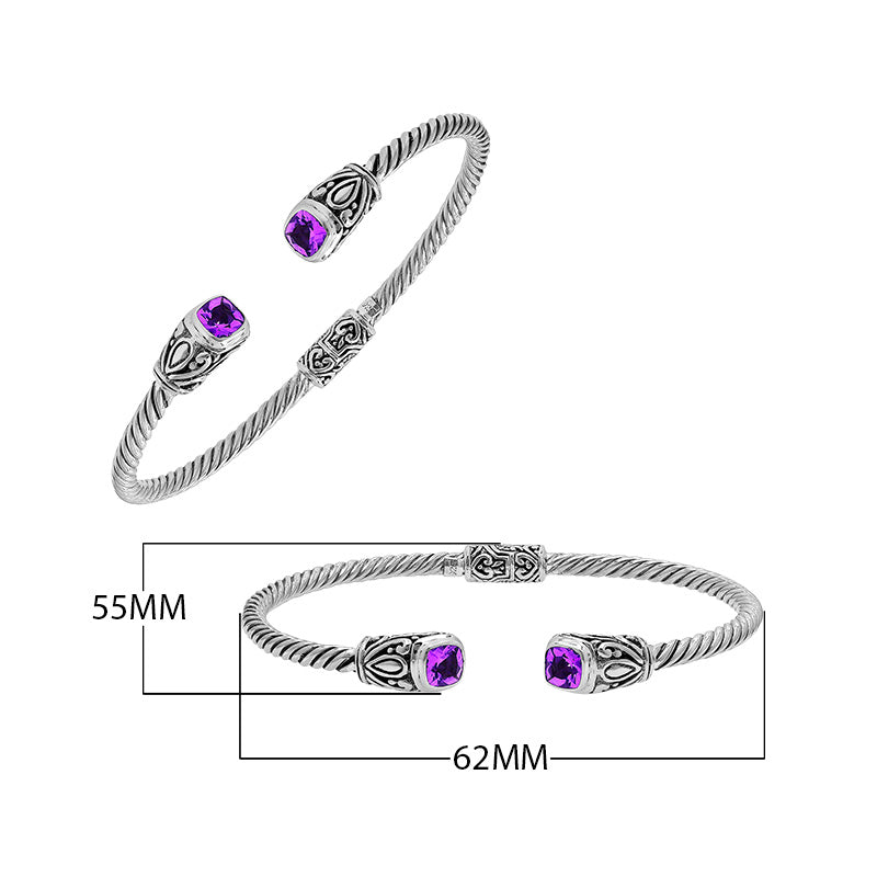 Silver twisted cable bangle in 925 sterling silver with Amethyst Quartz ends and Balinese engraving.