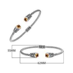 Silver twisted cable bangle in 925 sterling silver with Citrine Quartz ends and Balinese engraving.