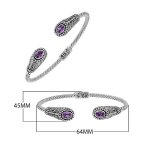 Silver twisted cable bangle in 925 sterling silver with Amethyst Quartz ends and Balinese engraving.