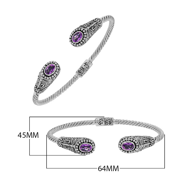 Silver twisted cable bangle in 925 sterling silver with Amethyst Quartz ends and Balinese engraving.