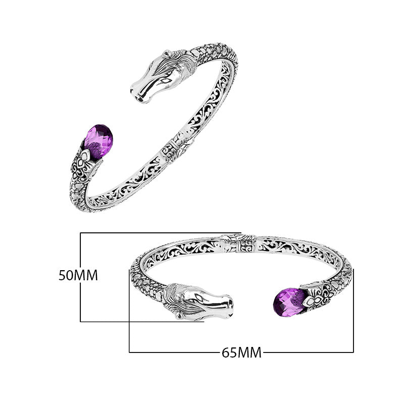 Sterling Silver Dragon Head Bangle with Amethyst Quartz handcrafted in Bali featuring intricate filigree detailing.