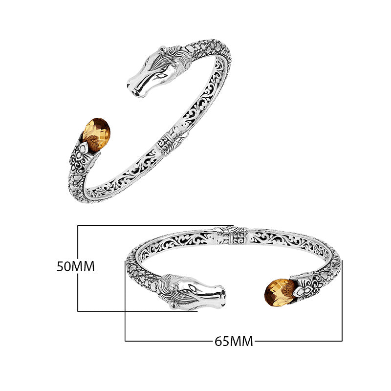Sterling Silver Dragon Head Bangle with Citrine Quartz handcrafted in Bali featuring intricate filigree and oxidized finish.