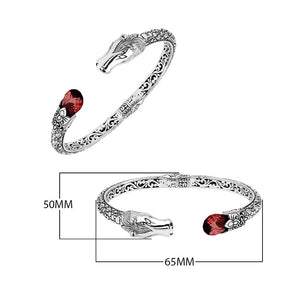 Sterling Silver Dragon Head Bangle with Garnet Quartz handcrafted in Bali, featuring intricate filigree and oxidized silver detailing.