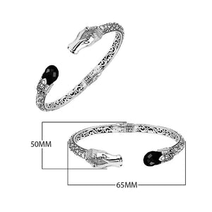 Sterling Silver Dragon Head Bangle with Black Onyx handcrafted in Bali featuring ornate filigree and oxidized finish.