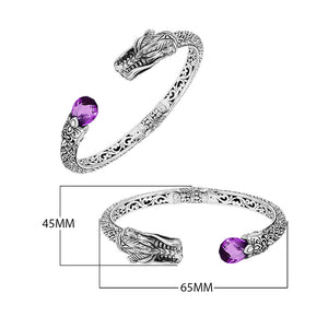 Wholesale sterling silver dragon head cuff bracelet with amethyst quartz handcrafted in Bali