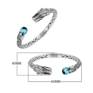Wholesale sterling silver dragon head cuff bracelet with blue topaz quartz handcrafted in Bali